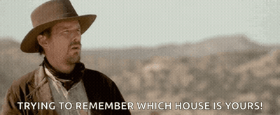 Man In Cowboy Hat Trying To Remember Which House Is Yours GIF