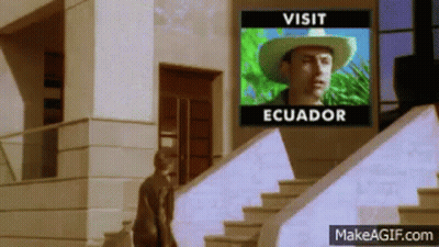 Man In Cowboy Hat Walking Down Stairs With Visit Ecuador Screen GIF