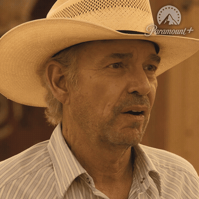 Man In Cowboy Hat With Paramount Logo Shirt GIF