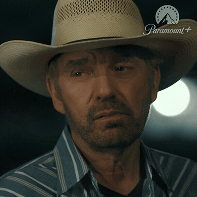 Man In Cowboy Hat With Paramount Logo Shirt GIF