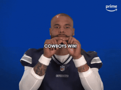 Man In Cowboys Jersey Holding Hands Up Saying Cowboys Win GIF