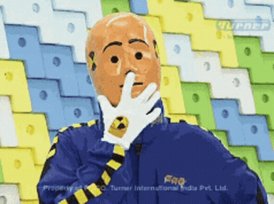 Man In Crash Test Dummy Holding Hand To Face GIF