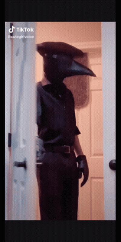 Man In Crow Mask Standing In Doorway GIF