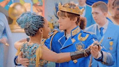 Man In Crown Dancing With Girl In Blue Dress GIF