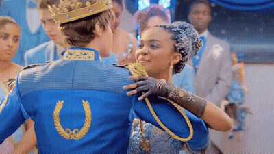 Man In Crown Dancing With Girl In Blue Dress GIF