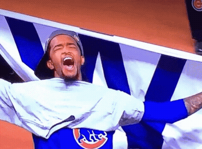 Man In Cubs Shirt Holding Banner GIF