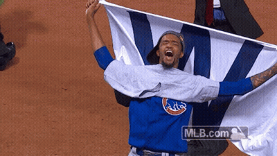 Man In Cubs Shirt Holding W Flag GIF