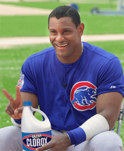 Man In Cubs Uniform Holding Clorox Bottle GIF