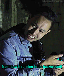 Man In Denim Jacket Smiling Spirit Box Is Running GIF