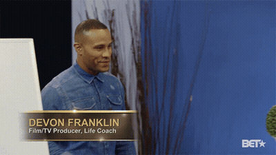 Man In Denim Shirt With Name Tag Saying Devon Franklin GIF