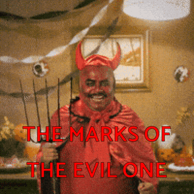 Man In Devil Costume Holding Pitchfork Saying The Marks Of The Evil One GIF