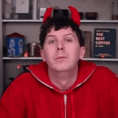 Man In Devil Horns And Red Hoodie Making Funny Face GIF