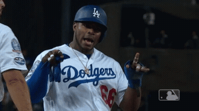 Man In Dodgers Jersey And Helmet Talking To Another Man GIF