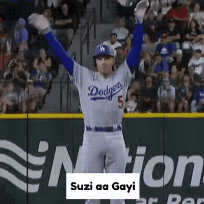 Man In Dodgers Jersey Arms Up GIF