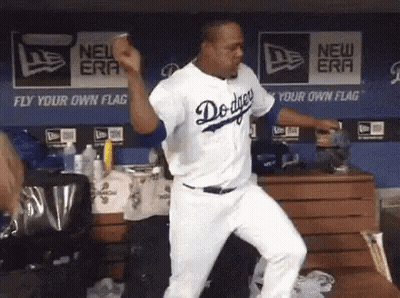 Man In Dodgers Jersey Dancing In Dugout GIF