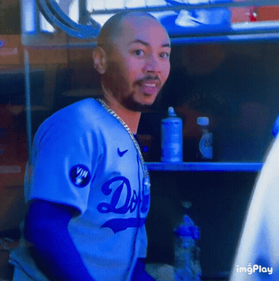 Man In Dodgers Jersey Looking At Camera GIF
