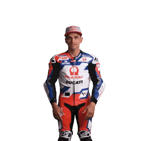 Man In Ducati Racing Suit And Red Bull Hat Sticker