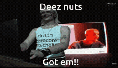 Man In Dutch Hardcore Shirt Says Deez Nuts Got Em GIF
