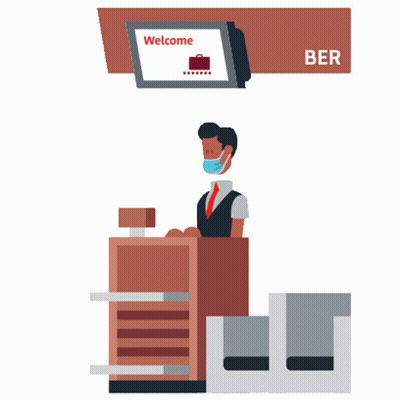 Man In Face Mask Standing At Counter With Welcome Screen GIF
