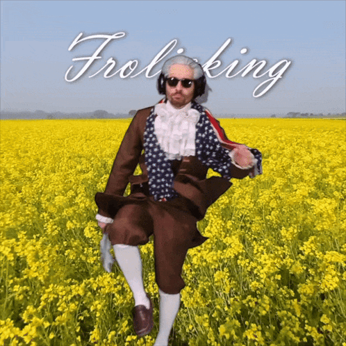 Man In Field With Word Frolicking Above GIF