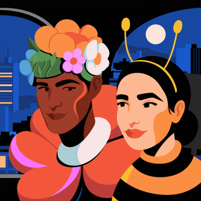 Man In Flowers And Woman In Bee Costume GIF