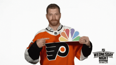 Man In Flyers Jersey Holding NBC Sign GIF