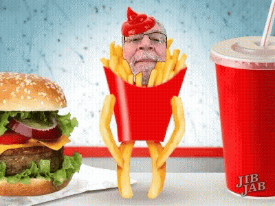 Man In French Fries Next To Hamburger And Jib Jab Soda GIF