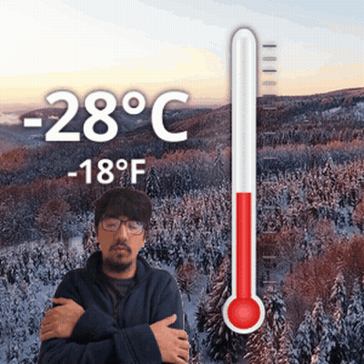 Man In Front Of 28-Degree Thermometer GIF