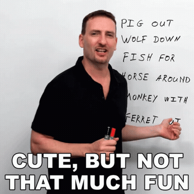 Man In Front Of Board Saying Pig Out Wolf Down Fish Horse Around Monkey Ferret GIF