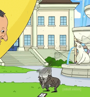 Man In Front Of Building With Fountain And Penguin GIF