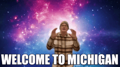 Man In Front Of Galaxy Saying Welcome To Michigan GIF