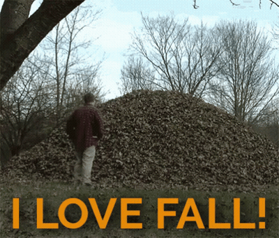 Man In Front Of Leaf Pile Saying I Love Fall GIF