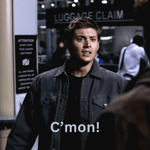 Man In Front Of Luggage Claim Sign Saying C'mon GIF