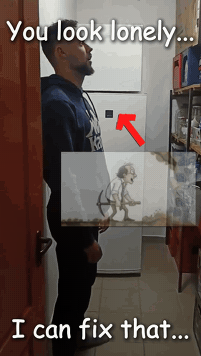 Man In Front Of Refrigerator With Arrow Pointing To Squatting Man GIF