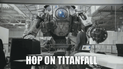 Man In Front Of Robot Saying Hop On Titanfall GIF