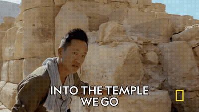 Man In Front Of Stone Wall Says Into The Temple We Go GIF