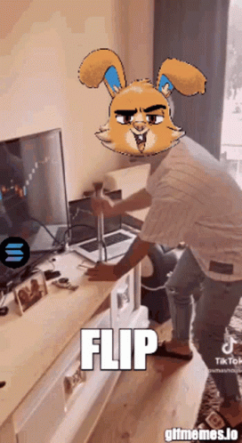 Man In Front Of TV With Cartoon Bunny And Word Flip GIF