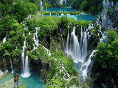 Man In Front Of Waterfall In Green Forest GIF