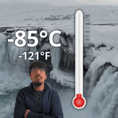 Man In Front Of Waterfall With Thermometer -85°F GIF