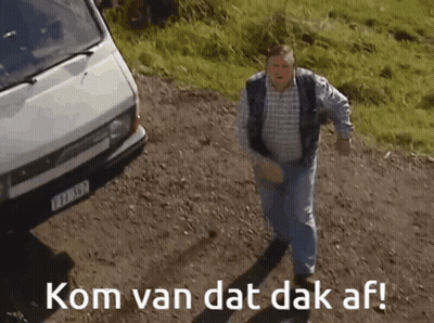 Man In Front Of White Van Saying Kom Van Dat Dak Af GIF