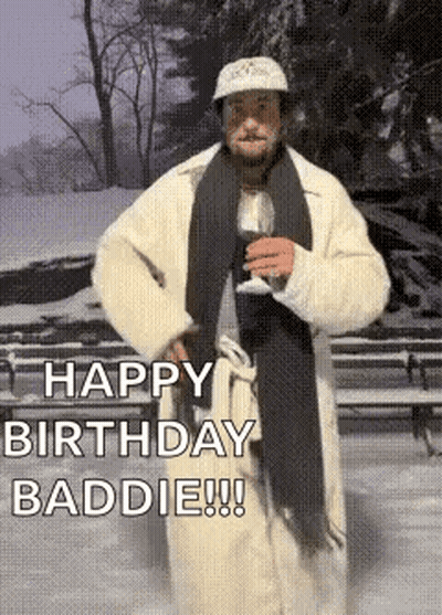 Man In Fur Coat And Scarf Holding Wine Saying Happy Birthday Baddie GIF