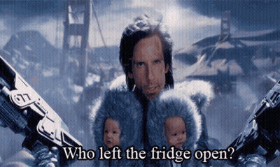 Man In Fur Coat Holding Two Babies Says Who Left The Fridge Open GIF