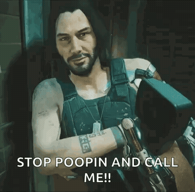 Man In Futuristic Outfit Holding Robotic Arm Says Stop Poopin And Call Me GIF