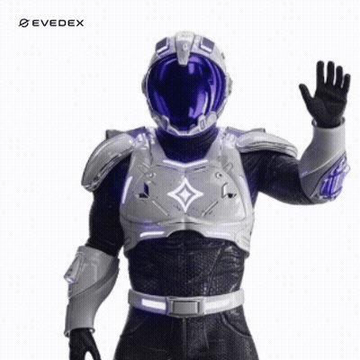 Man In Futuristic Suit And Purple Helmet Waving GIF
