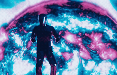 Man In Futuristic Suit Before Purple Blue Sphere GIF