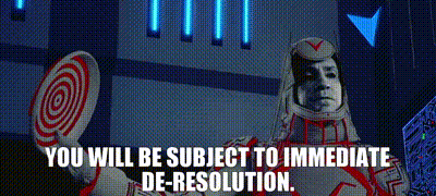 Man In Futuristic Suit Holding Target Saying You Will Be Subject To Immediate De-Resolution GIF