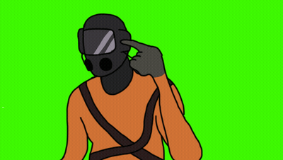 Man In Gas Mask And Goggles Pointing Up GIF