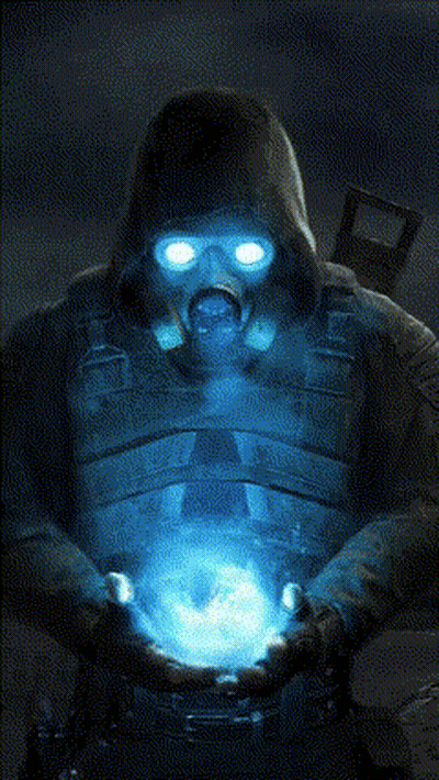 Man In Gas Mask Holding Glowing Object GIF