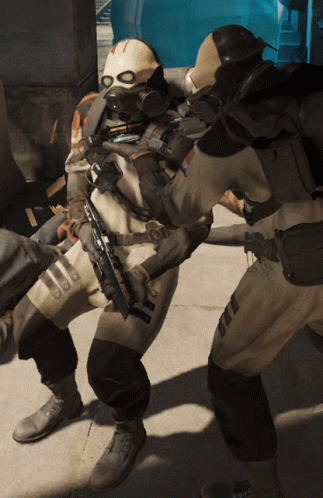 Man In Gas Mask Holding Gun Next To Another Person GIF
