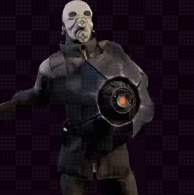 Man In Gas Mask Holding Helmet And Sword GIF